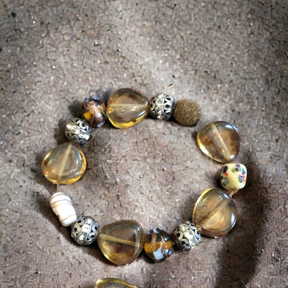 Boho Amber/Brown/Silver Chunky Beaded Stretch Bracelet - Picture 10 of 15